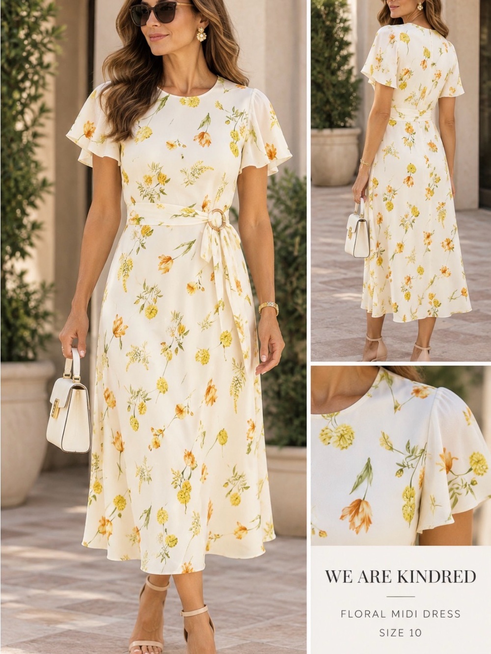 We Are Kindred Cream Floral Midi Dress Flutter Sleeves Belted – AU 10 / US 10